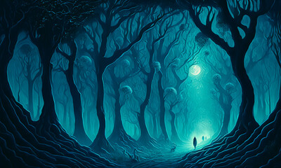 A dystopian, creepy forest with a mysterious figure in the center. Generative AI