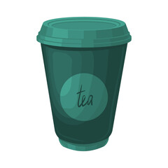 A vector illustration of a green paper cup with the word tea written on it in white. Vector illustration