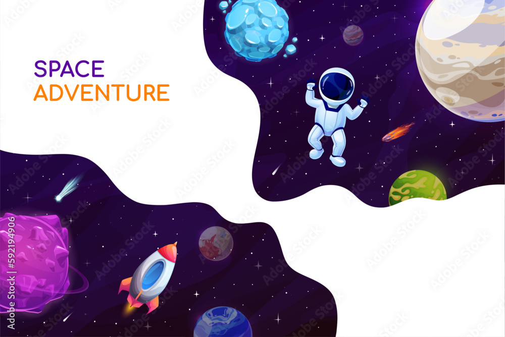 Poster Astronaut in outer space, cartoon galaxy landscape with planets, rocket and stars, vector background. Spaceman with rocket shuttle or spaceship in spaceflight to fantasy galaxy planets with asteroids