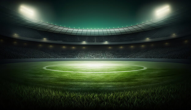 soccer stadium illuminated by spotlights and empty green grass playground, big stadium, Generative AI