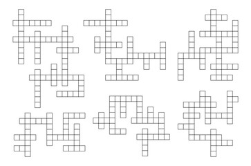 Crossword quiz, find word riddle grids collection. Vocabular game, text quiz or riddle vector grid templates set. Educational playing activity or crossword puzzle