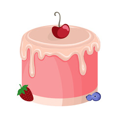 Small cake or pastry topped with a cherry or cherry filling. Vector illustration
