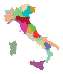 Italy map with the multicolor administrative region on transparent background.