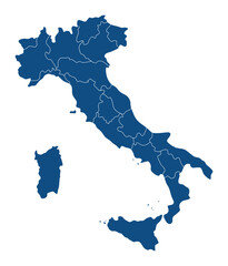 Italy map with the blue administrative region on transparent background.