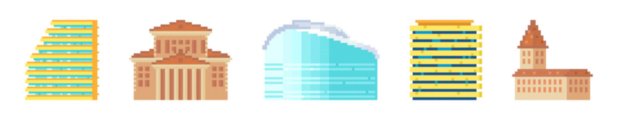 Pixel houses for game icons, City buildings, skyscrapers isolated abstract pixel art vector illustrations big city business center. Panorama architecture. 8-bit. Design for stickers, logo, mobile app