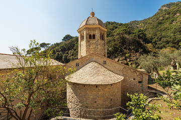 Close-up of the ancient San Fruttuoso Abbey (San Fruttuoso di Capodimonte), X-XI century, place of worship between Portofino and Camogli, Genoa province (Genova), Liguria, Italy, Europe.