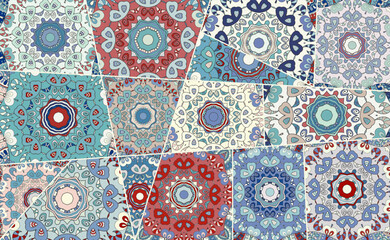 Vector patchwork quilt pattern. Vintage decorative collage. Hand drawn background. Indian, Arabic, Turkish motifs for printing on fabric or paper. Abstract colorful doodle pattern in mosaic style