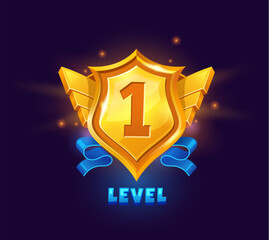Game level up badge and win icon. Vector bonus rank reward emblem with number one in golden shield with wings and blue ribbon. Winner evaluation ui or gui app element, user interface rate achievement - obrazy, fototapety, plakaty