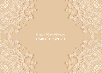Invitation or Card template with lacе frame border, doodle line pattern, mandala element. Decorative openwork filigree art background for Wedding, Valentine's day greeting card, Birthday Invitation