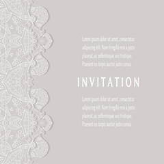 Invitation or Card template with lacе frame border, doodle line pattern, mandala element. Decorative openwork filigree art background for Wedding, Valentine's day greeting card, Birthday Invitation