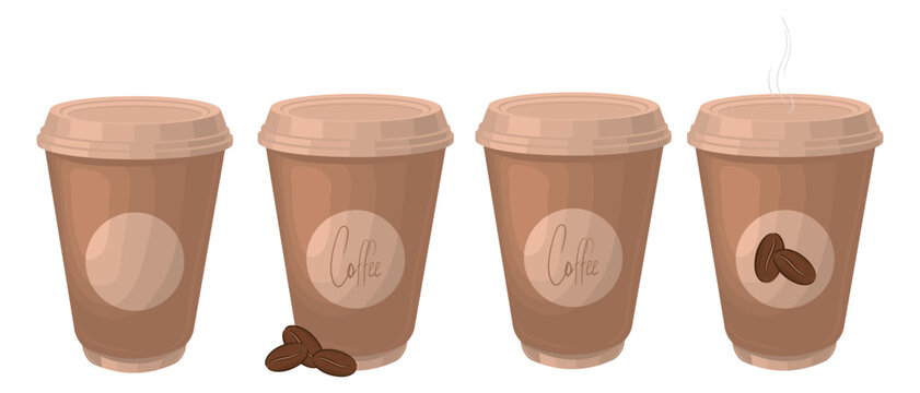 A set of icons featuring brown coffee cups made of paper. Vector illustration