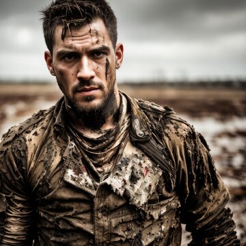 Injured man in torn dirty clothes. Apocalyptic concept. Generative AI