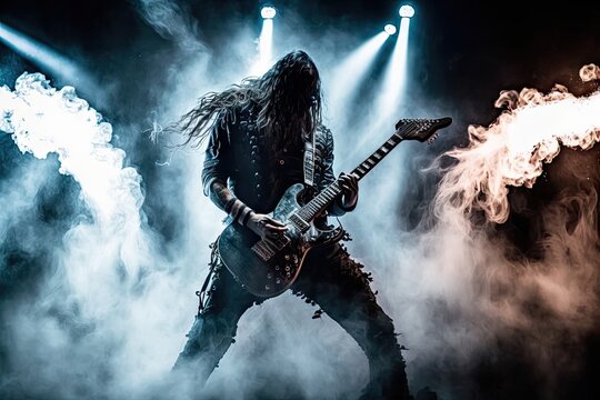 heavy metal guitarist, playing powerful solo in the smoke-filled club, created with generative ai