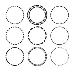 Radial, radiating, converging circular rings of dashed line circles. Periodic, infrequent bits, particles. Vector illustration.