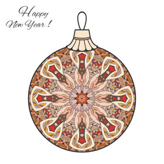 Colorful Christmas ball with hand drawn mandala ornament. Happy New Year card or invitation template. Decorative geometric doodle floral pattern. Isolated element for textile or paper print