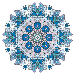 Mandala flower decoration, hand drawn round ornament, isolated design element on a white background. Vector geometric floral pattern. Tribal ethnic fashion motif for paper, textile, cloth fabric print