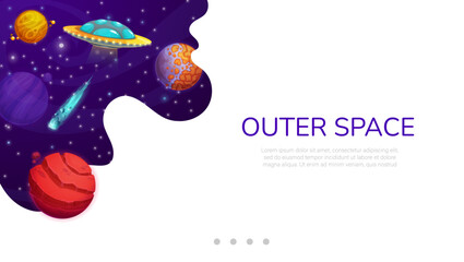 Landing page, space with cartoon galaxy planets and UFO, vector website template background. Outer space discovery and galaxy exploration, fantasy alien planets and spaceship in starry galactic sky