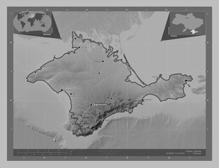 Crimea, Ukraine. Grayscale. Labelled points of cities