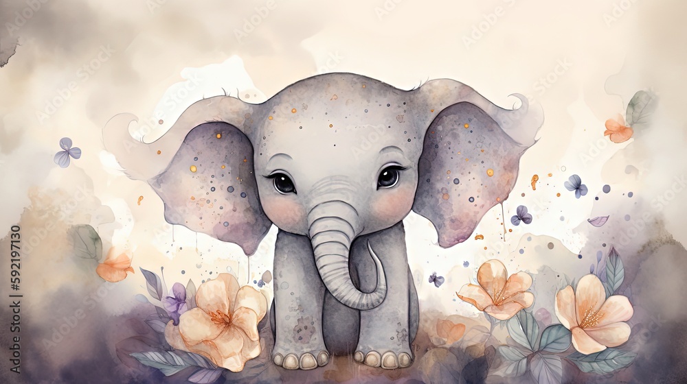 Wall mural watercolor style illustration of happy baby elephant in flower blossom garden, idea for home wall decor, kid room, Generative Ai