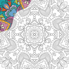 Decorative doodle pattern for coloring book. Hand drawn fantasy line art, floral geometric ornament for painting, coloring page. Tribal ethnic decoration. Black and white with sample of colors