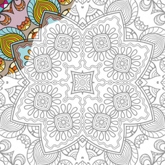 Decorative doodle pattern for coloring book. Hand drawn fantasy line art, floral geometric ornament for painting, coloring page. Tribal ethnic decoration. Black and white with sample of colors
