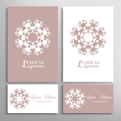 Geometric sign symbol, mandala round ornament, line pattern. Business card set. Isolated design elements for logo, icon, label, emblem. Tribal ethnic decoration, monochrome color background