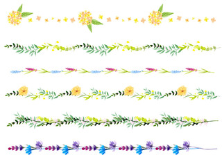 水彩で描いた綺麗な花や葉っぱのライン素材セット