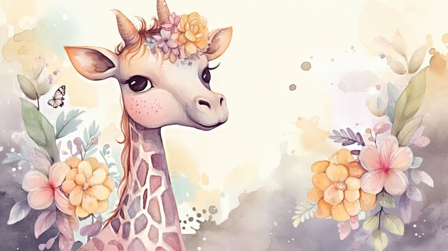 Fototapeta watercolor style illustration of happy baby giraffe in flower blossom garden, idea for home wall decor, kid room, Generative Ai