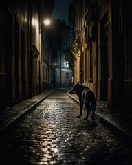 Lonely dog walking through the city at night, Generative AI
