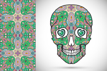 Day of The Dead colorful Sugar Skull with doodle ornament and decorative seamless floral geometric pattern. Hand drawn art background, tattoo, Halloween party card design, textile or paper print