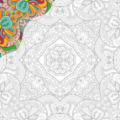 Decorative doodle pattern for coloring book. Hand drawn fantasy line art, floral geometric ornament for painting, coloring page. Tribal ethnic decoration. Black and white with sample of colors