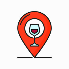 Wine store map pointer, route to alcohol shop color outline icon. Vector wine glass and pin location logo, restaurant place destination