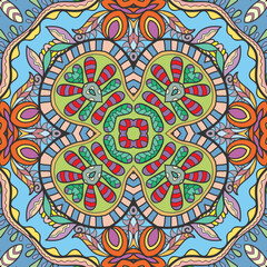 Hand drawn seamless graphic pattern, colorful artistic background with floral and geometric elements. Doodle ethnic mandala ornament for textile fabric, paper print. Surface texture 