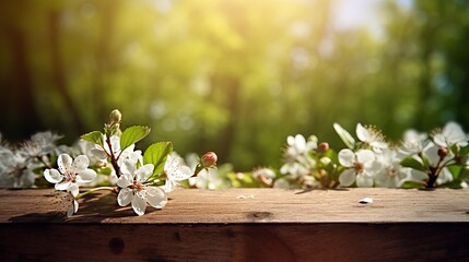 beautiful cherry blossom branch put on  wooden plank with copy space , spring flower outdoor garden background wallpaper, Generative Ai