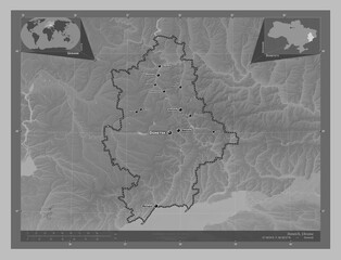 Donets'k, Ukraine. Grayscale. Labelled points of cities