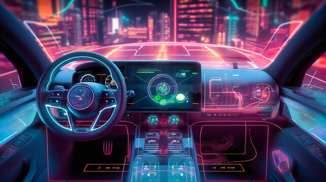 A futuristic image of a car dashboard situated on a digital circuit board background, with a sci-fi color grade and holographic displays