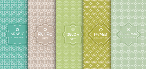 Set of seamless line patterns, colored background. Stylish decorative vintage, retro, arabic, christmas label decor set. Abstract geometric frame, vector illustration. Art Deco style, light colors