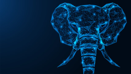 Futuristic elephant head. Low-poly design of interconnected lines and dots. Blue background.