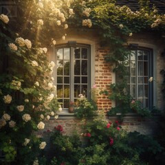 Vintage windows with open wooden shutters and fresh flowers. .Created with generative AI