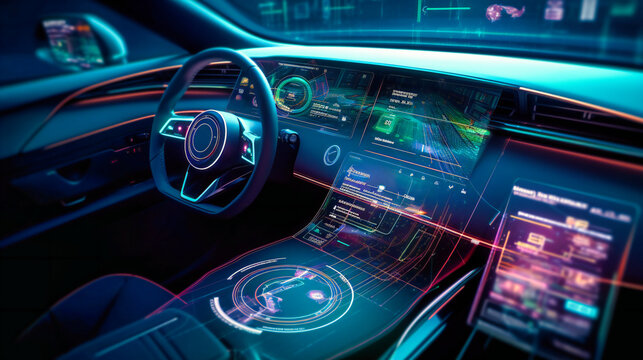 A futuristic image of a car dashboard situated on a digital circuit board background, with a sci-fi color grade and holographic displays