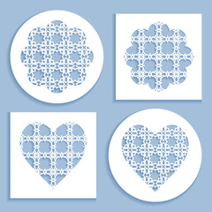 Templates for laser cutting, plotter cutting, printing. Heart and flower shape line pattern. Geometric design cut out of paper. Mandala die cut ornament. Fretwork panels, cutout silhouette stencils