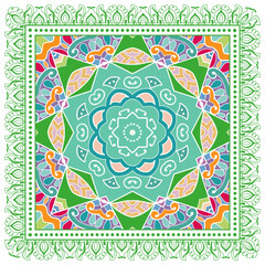 Decorative doodle ornament, symmetric pattern with lace frame. Tribal ethnic mandala decor. Bandana shawl, hijab, tablecloth fabric print, silk neck scarf, kerchief design. Colorful vector background