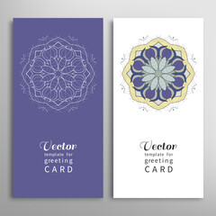 Cards or Invitations set with tribal ethnic mandala ornament, doodle floral geometric pattern for wedding, bridal, Valentine's day, greeting card or birthday invitation. Decorative colorful background