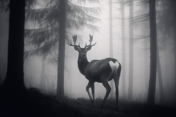 a deer in a misty forest. Created with Generative AI Technology	