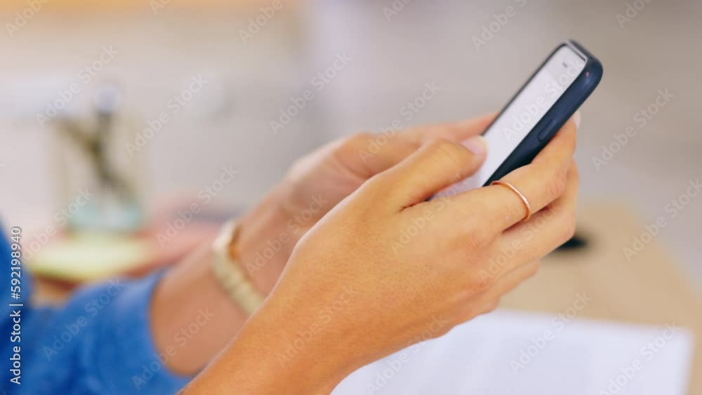 Poster phone closeup, woman and hand on a social media app and texting in a house. female, mobile communica