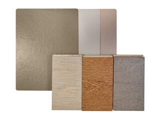 top view of interior materials board contains multi color of wooden laminated flooring tiles compared color with leather laminated samples isolated on background with clipping path for selection. 