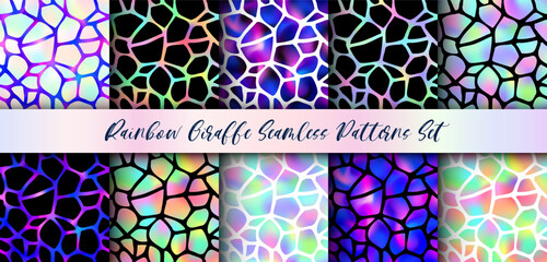 Trendy Rainbow Giraffe seamless patterns set. Vector gradient wild animal skin, cow texture with black, neon iridescent spots for fashion print design, wrapping paper, backgrounds, wallpapers.