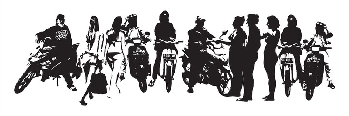 Digital illustration of ojeg base and prospective tourist passengers in Bali. (Ojeg is an Indonesian term for informal public transportation, motorbikes with short-distance routes)