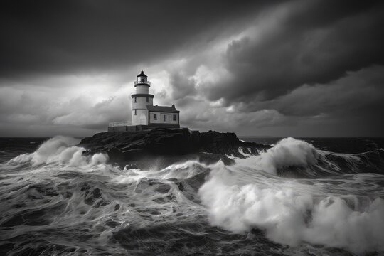 black and white photo of a lighthouse with stormy skies and waves, created with generative ai