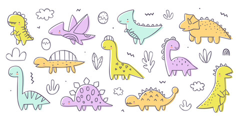 Doodle dino set. Cute hand drawn dinosaurs collection for kids. Naive dino doodle bundle for babies.